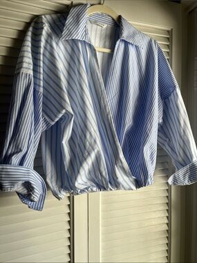 ZARA Striped Wrap-Front Poplin Shirt - Blue/White